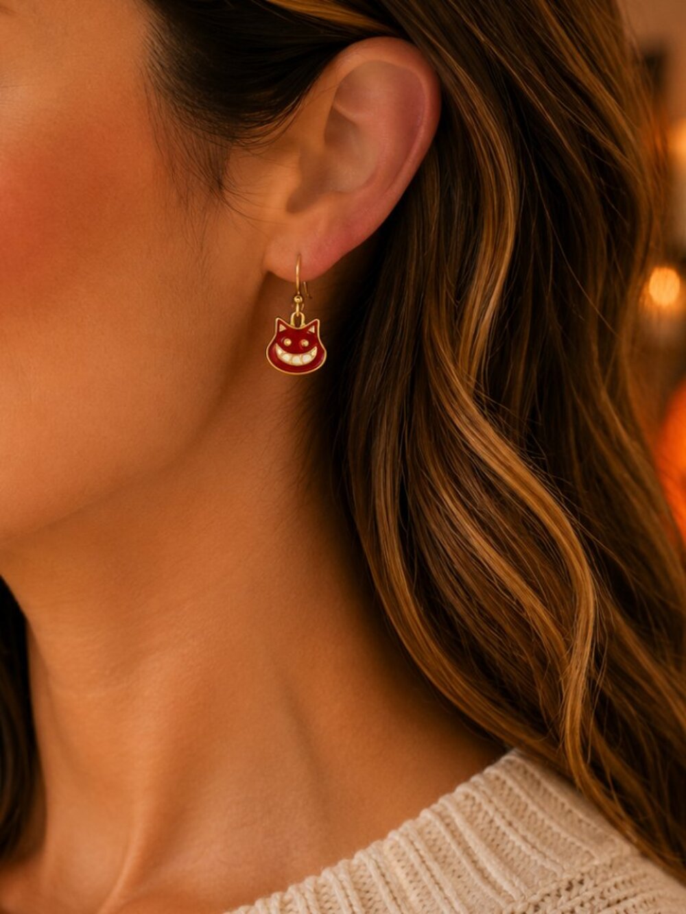 Cheshire Cat Dangle Earrings Red Enamel Gold Halloween Cat Jewelry